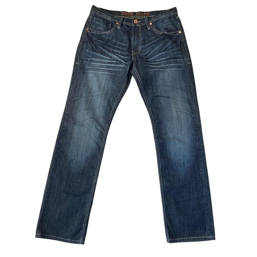 Pepe Jeans Y2K 90s Straight Leg Jeans Men 34x34(Fit 33) Blue Dark Wash Whiskered